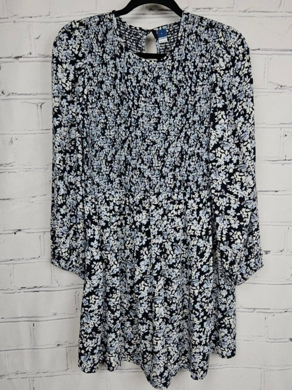 Old Navy Floral Dress Navy Blue Womens L Summer Fall Knee Length Smocked Cottage